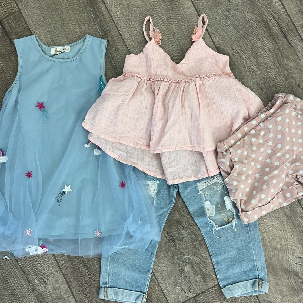 4-Piece for $20 Size 4 years old. Dress. Jeans. Shorts. Top.